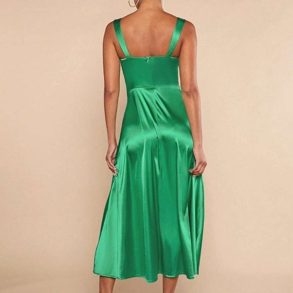 Ruched Bust Split Thigh Cami Midi Dress Green - Picture 3 of 5